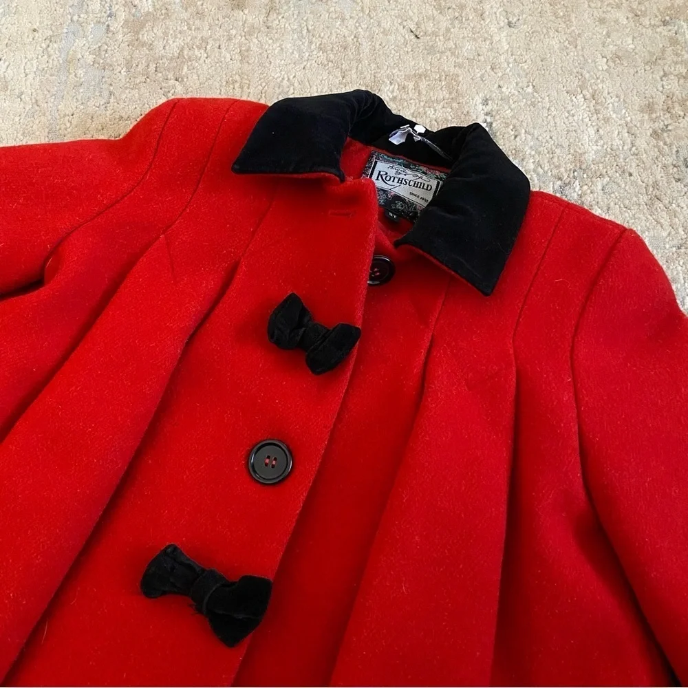 Rothschild Vintage Classic Red Christmas Coat Black Velvet Trim and Bows Accents